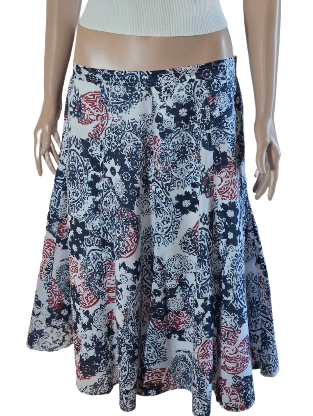 Chico’s Boho Preppy Resort Cotton Flared A-Line Midi Skirt EUC